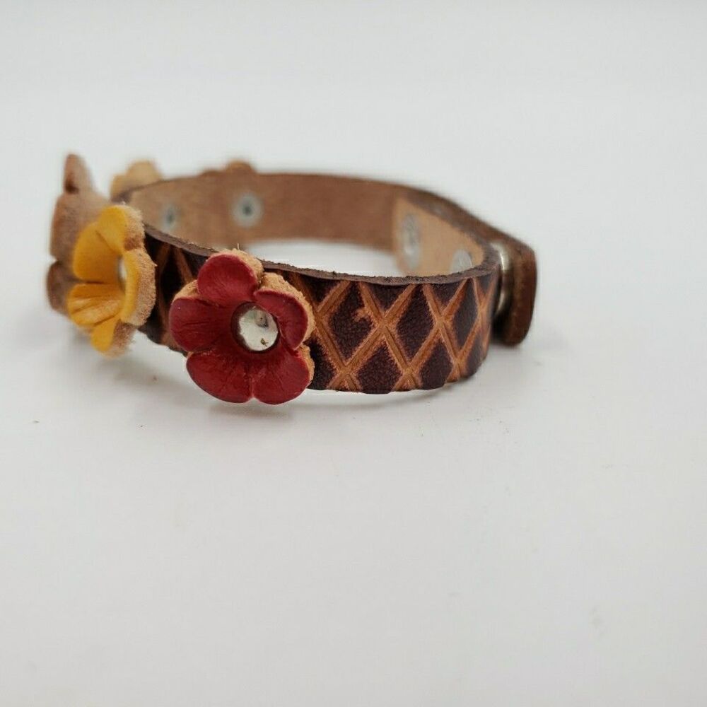 Handmade Floral Leather Cuff Bracelet Adjustable Rustic Boho Prairie Cottagecore - Picture 4 of 16